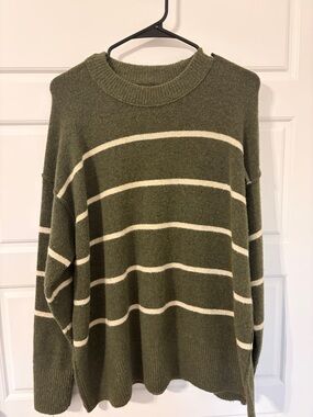 aerie Olive Green Oversized Crewneck Sweater with Cream Stripe